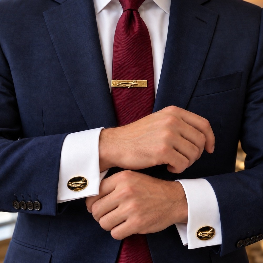 Vtg Hayward Beechcraft King Air 90 Cufflinks & Tie Clip Set Gold Tone Aviation